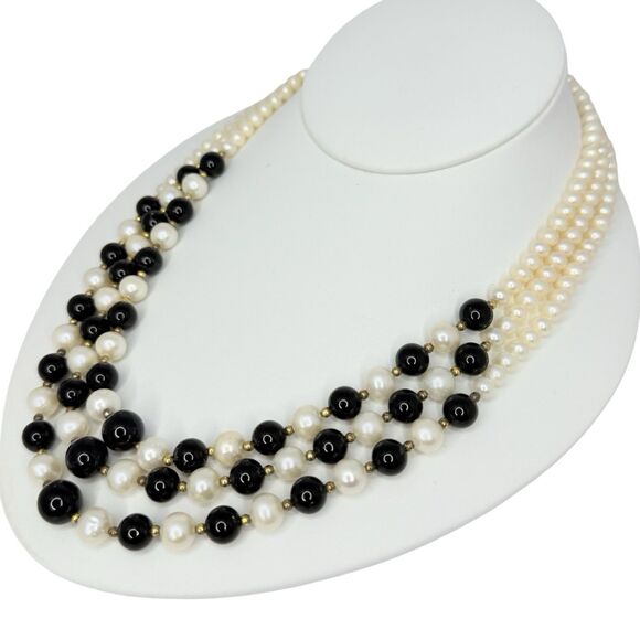 VTG White Pearl & Onyx Multi Strand Necklace 18" Gold Over 925 Sterling Silver - Picture 3 of 12